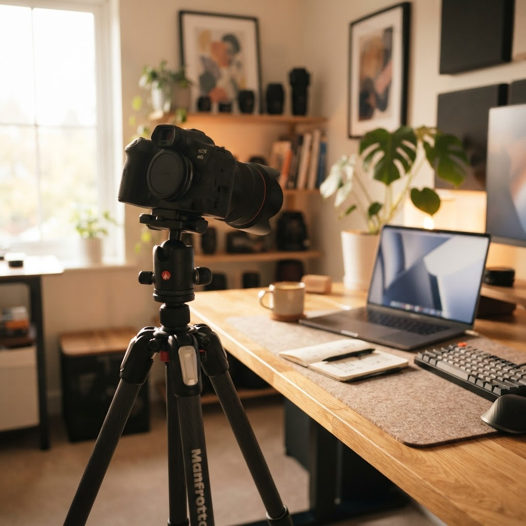 A professional camera on a tripod in a content production setup
