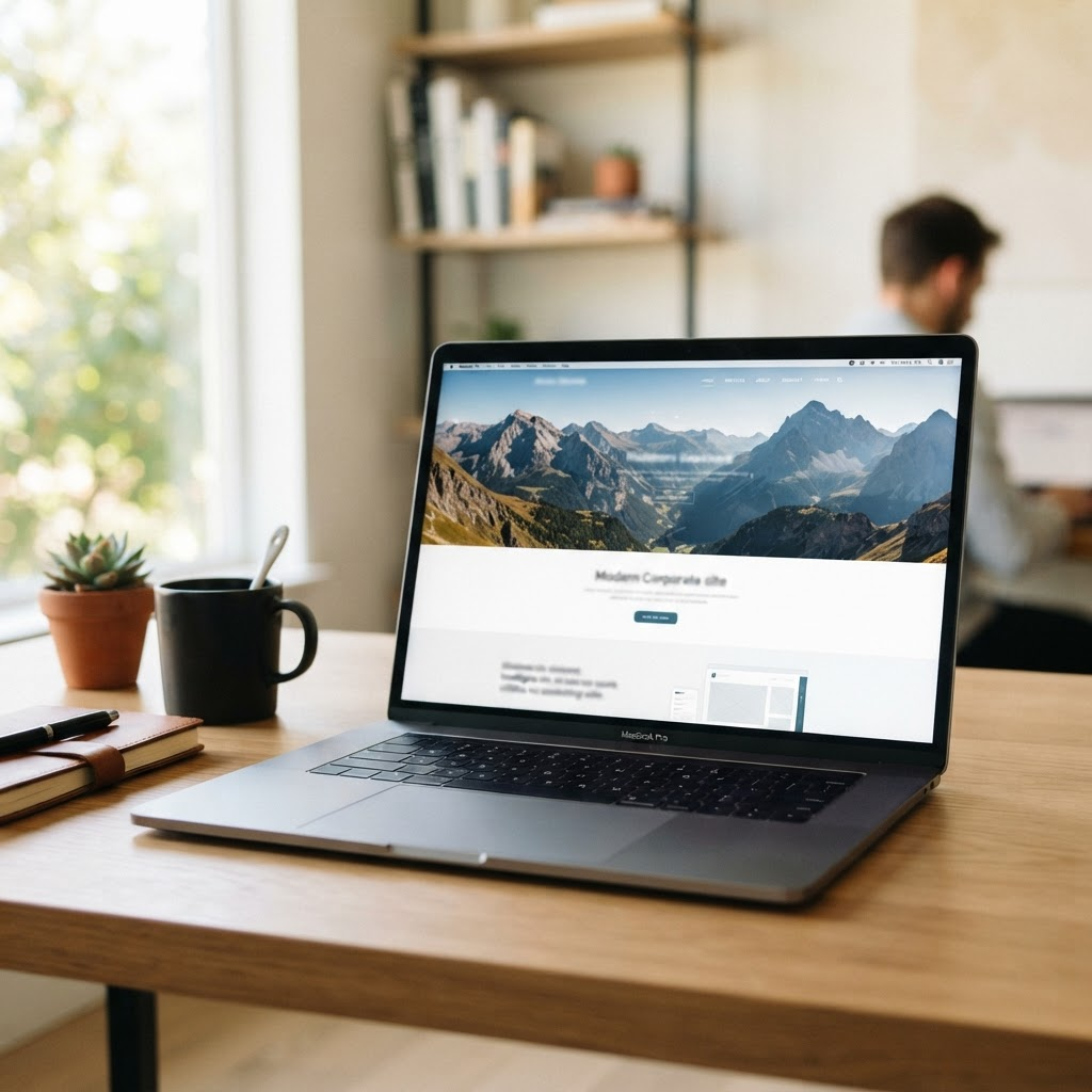 A laptop displaying a modern business website on a clean desk
